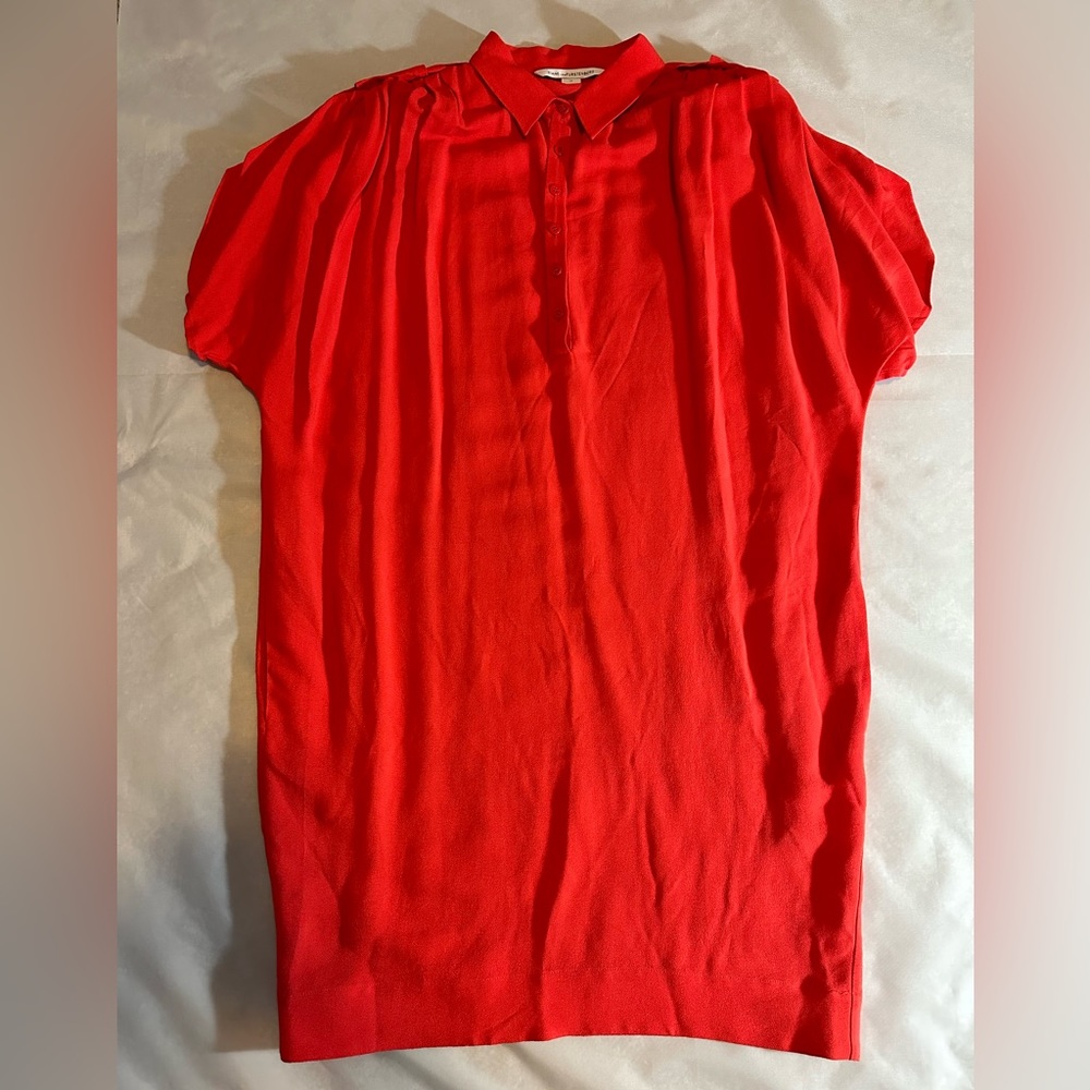 Diane Von Furstenberg Karin Shirt Dress Size 10 Orange Short Sleeve Midi Pockets